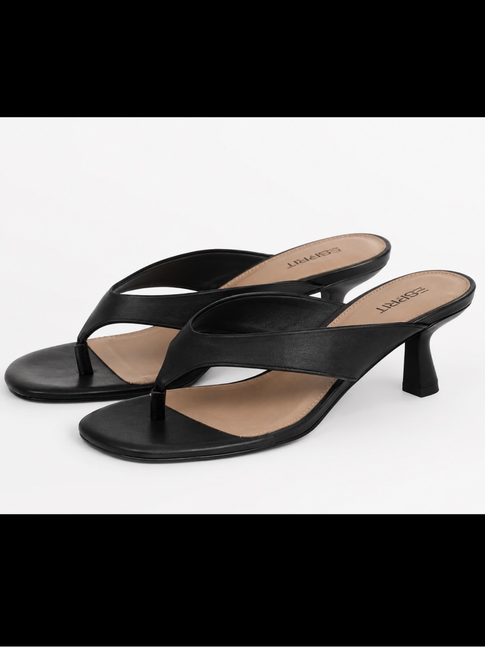 Esprit Black Leather Thong Kitten Heel Sandals